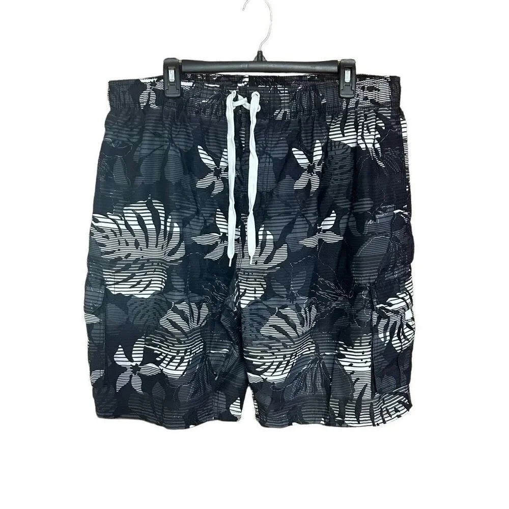 Kanu Surf XXL Swim Trunks Black White Tropical Print